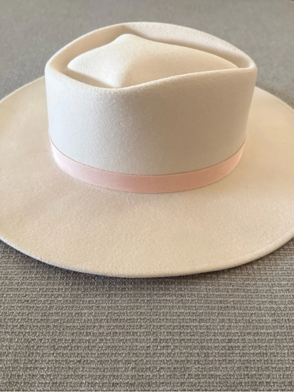 Classic Wide-Brim Cream pink wool Fedora with Pink Band women medium